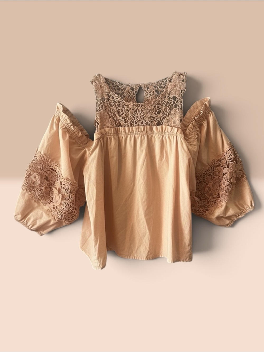 Parker NY Peach Pink Crochet Lace Cold Shoulder Blouse Top Small 100% Cotton